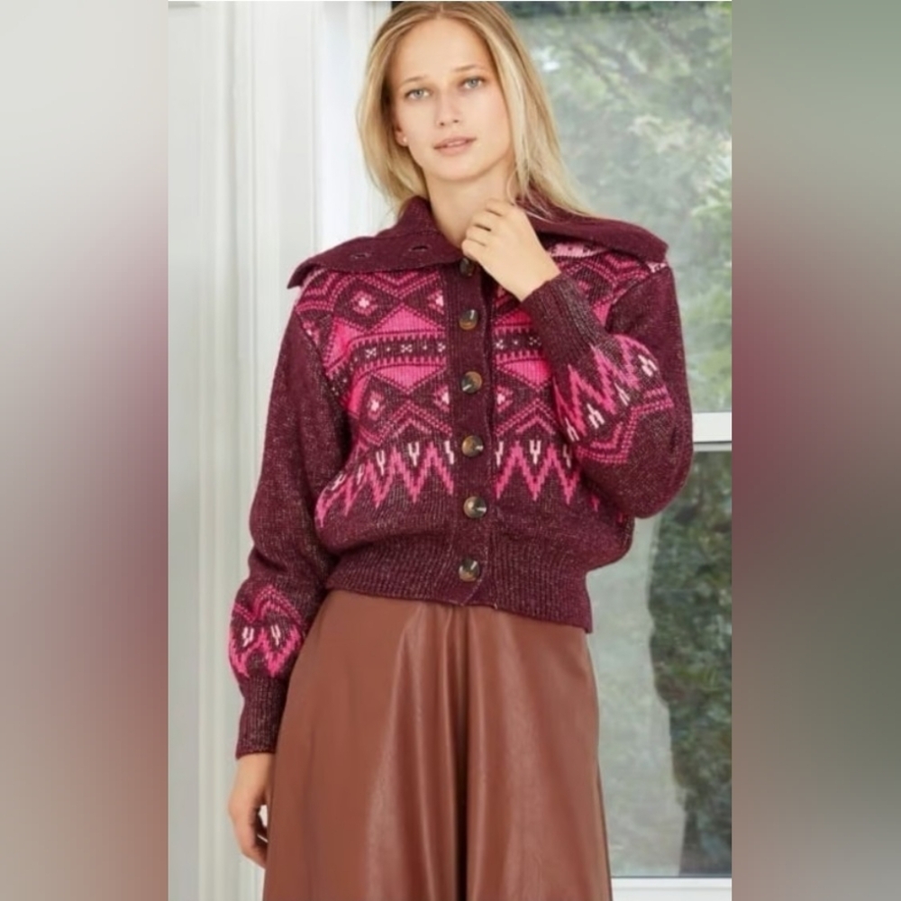 Who What Wear Wine Fairies Print Cardigan Button Up Sweater, Pockets L A00189